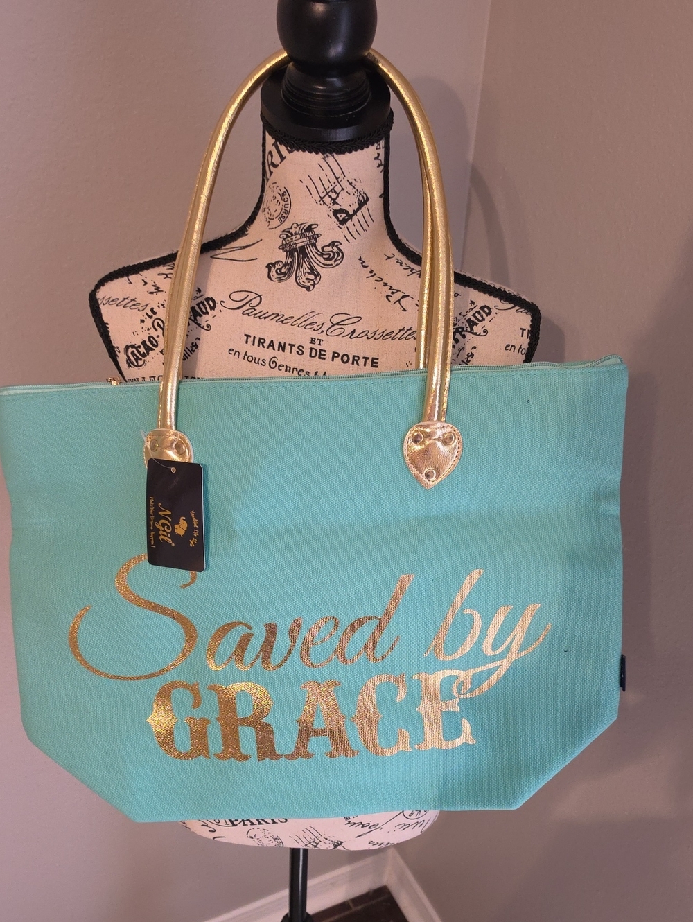 Saved by Grace Turquoise Tote Bag with Gold Handles New